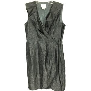 Donna Morgan Sleeveless Ruffle V Neck Dress 6P 6 Petite Gray Linen Classic Chic